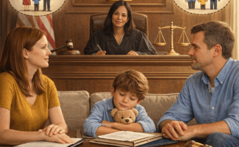 Courtroom custody hearing scene showing separated parents with their child in front of a judge, illustrating child custody arrangements and parenting plan decisions.