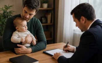 Father meeting with an adoption attorney about open adoption