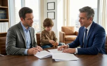A professional male family law attorney reviewing custody paperwork with a father and child during a consultation in a modern office.