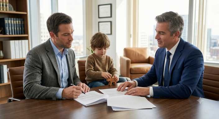 A professional male family law attorney reviewing custody paperwork with a father and child during a consultation in a modern office.