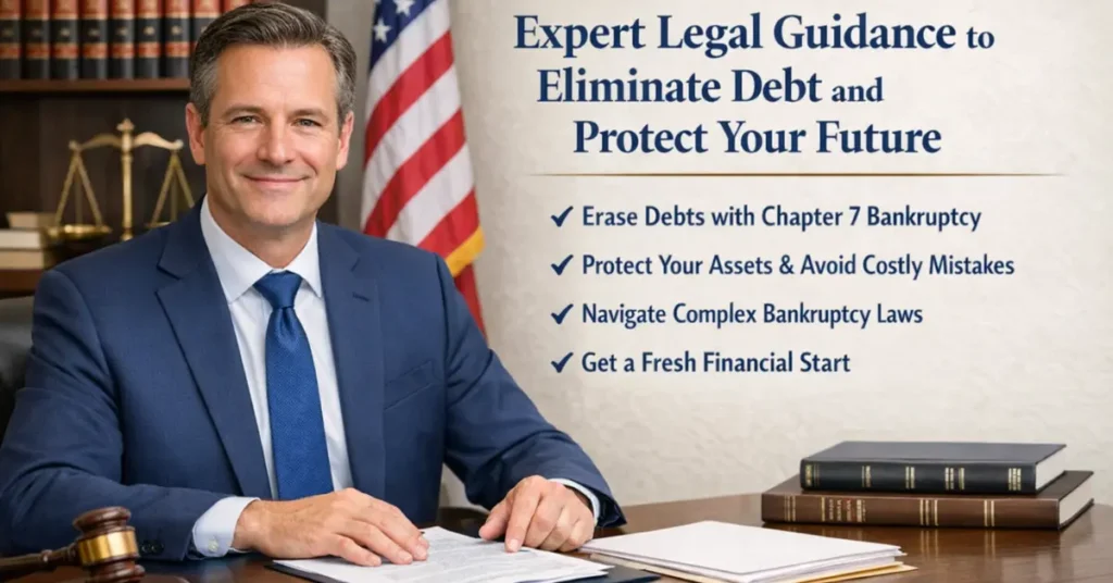 Chapter 7 attorney explaining bankruptcy options to a client in a legal consultation