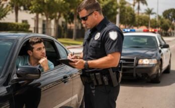 Police officer issuing a traffic ticket to a driver during a traffic stop