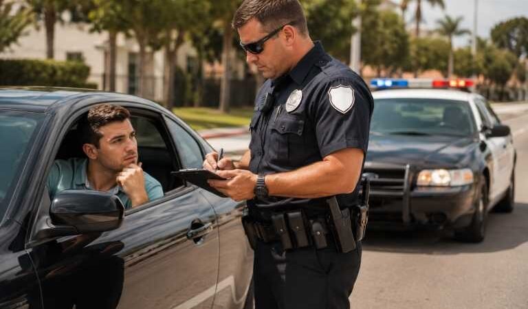 Police officer issuing a traffic ticket to a driver during a traffic stop
