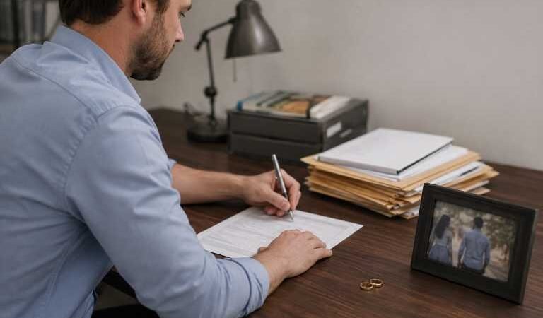 Man completing divorce paperwork without a lawyer