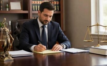 Male attorney working in a law office during a legal consultation at Bibiyan Law Group