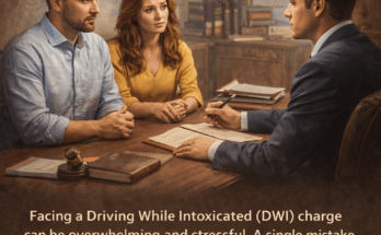 Abilene DWI defense attorney consulting with a couple in a law office about legal options and defense strategies after a DWI charge.