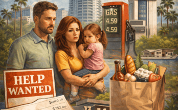 Illustration showing a Florida family managing rising living costs alongside symbols of wages, jobs, and expenses related to Florida minimum wage changes.
