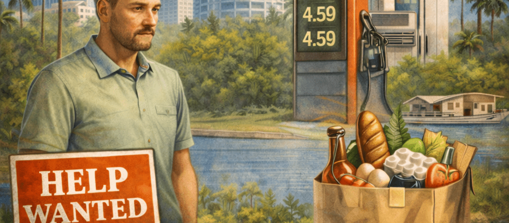 Illustration showing a Florida family managing rising living costs alongside symbols of wages, jobs, and expenses related to Florida minimum wage changes.