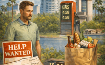 Illustration showing a Florida family managing rising living costs alongside symbols of wages, jobs, and expenses related to Florida minimum wage changes.