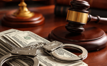 Criminal defense cost concept with gavel, handcuffs, and cash on desk