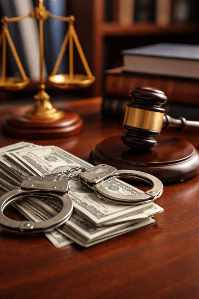 Criminal defense cost concept with gavel, handcuffs, and cash on desk