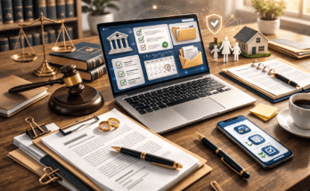 Professional family law office desk with laptop, legal documents, gavel, scales of justice, and organized case management setup.