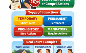 Colorful legal infographic explaining injunction meaning, types, real court examples, and filing steps with gavel and courthouse icons.