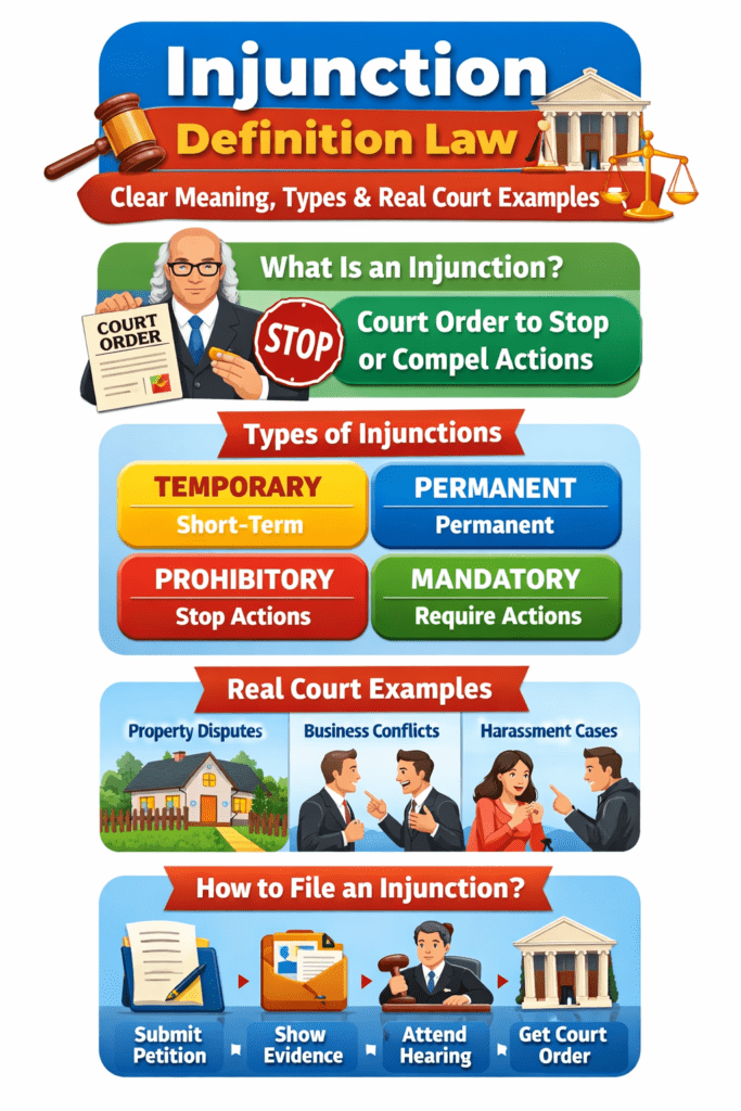 Colorful legal infographic explaining injunction meaning, types, real court examples, and filing steps with gavel and courthouse icons.