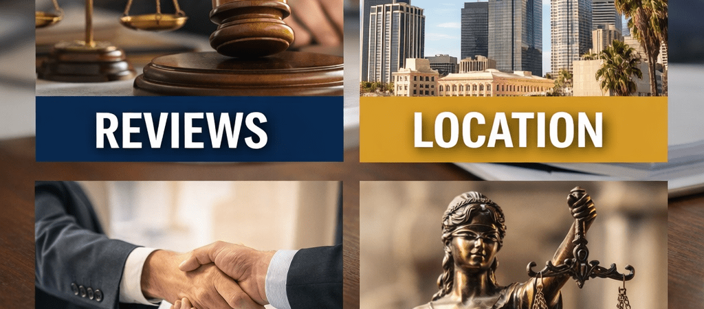Professional law firm banner featuring Bibiyan Law Group with sections for reviews, location, settlements, and legal guidance, set against realistic courthouse and Los Angeles skyline backgrounds.