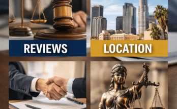 Professional law firm banner featuring Bibiyan Law Group with sections for reviews, location, settlements, and legal guidance, set against realistic courthouse and Los Angeles skyline backgrounds.