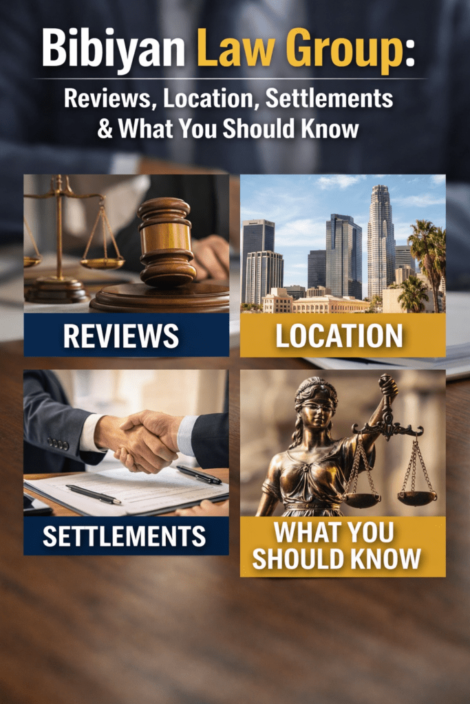 Professional law firm banner featuring Bibiyan Law Group with sections for reviews, location, settlements, and legal guidance, set against realistic courthouse and Los Angeles skyline backgrounds.