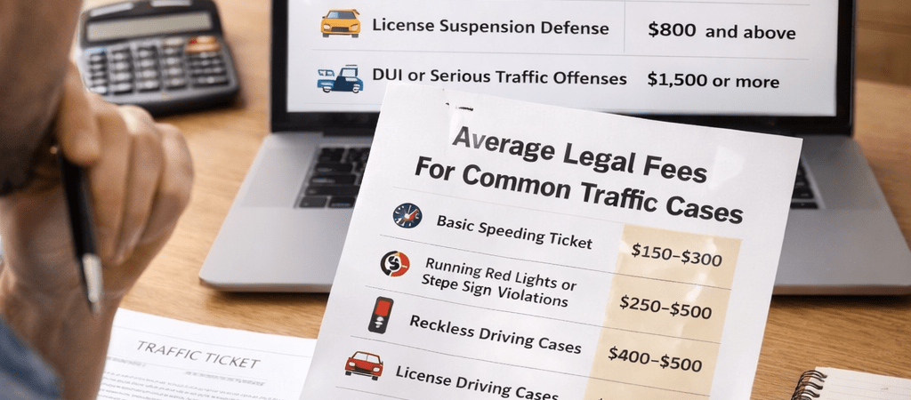 Driver reviewing traffic ticket legal fee estimates on a laptop and printed chart at a home desk, comparing costs for common traffic violations and legal representation.
