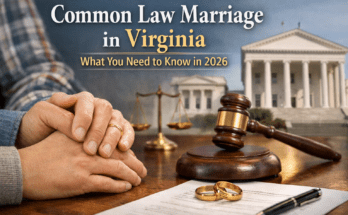 Common law marriage concept in Virginia with couple hands, legal gavel, and Virginia court building.