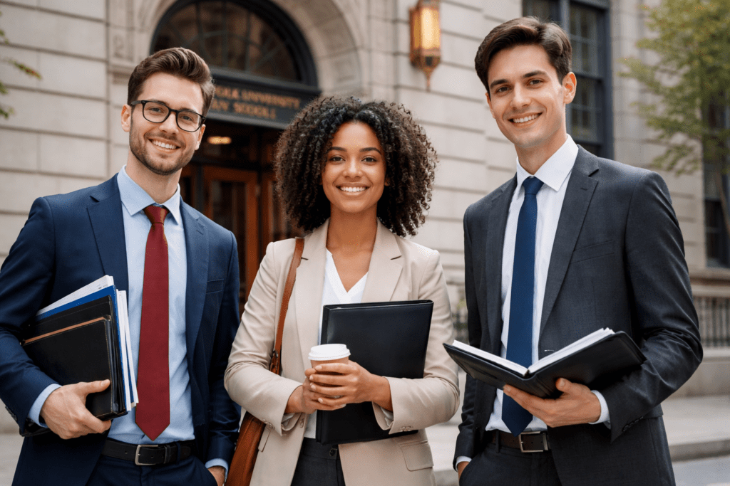 Suffolk University Law School students standing outside the Boston law school building with legal books.