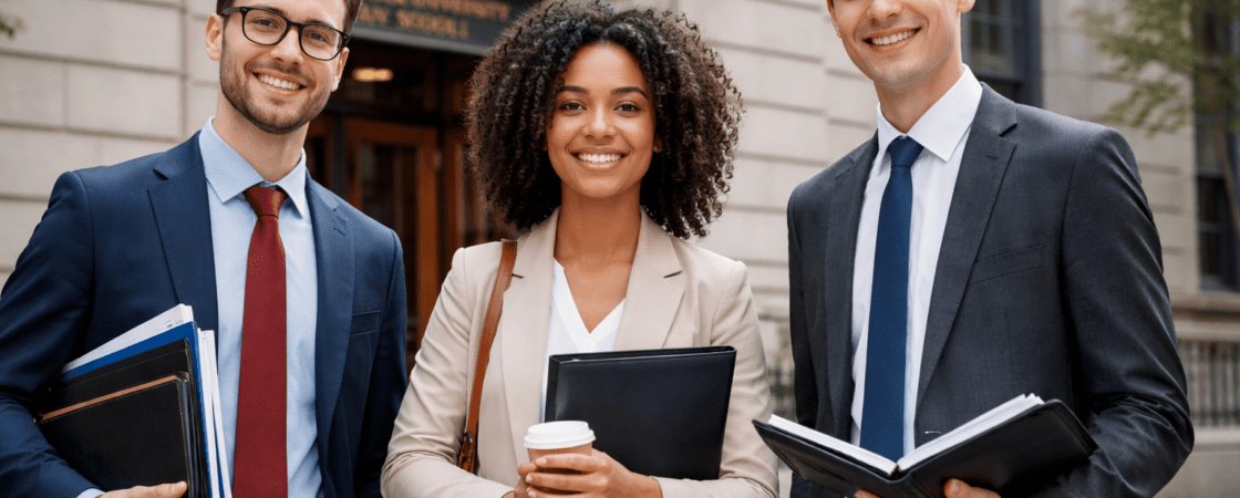 Suffolk University Law School students standing outside the Boston law school building with legal books.