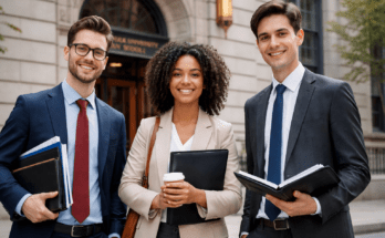 Suffolk University Law School students standing outside the Boston law school building with legal books.