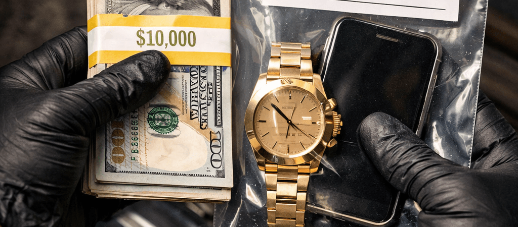 Felony theft evidence showing stolen cash, watch, and phone in police evidence bag