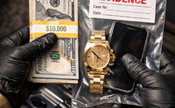 Felony theft evidence showing stolen cash, watch, and phone in police evidence bag