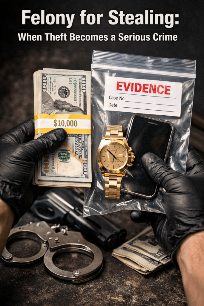 Felony theft evidence showing stolen cash, watch, and phone in police evidence bag