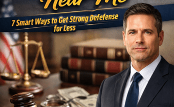 Affordable criminal defense attorney standing in courtroom with gavel and law books