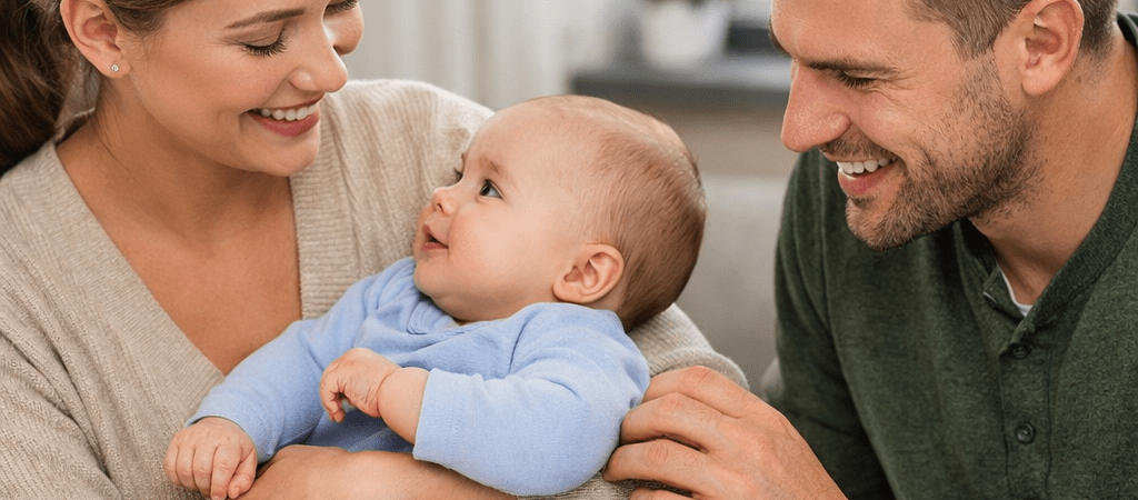 Parents creating custody arrangements for infants while holding their baby and reviewing a parenting plan.