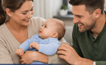 Parents creating custody arrangements for infants while holding their baby and reviewing a parenting plan.