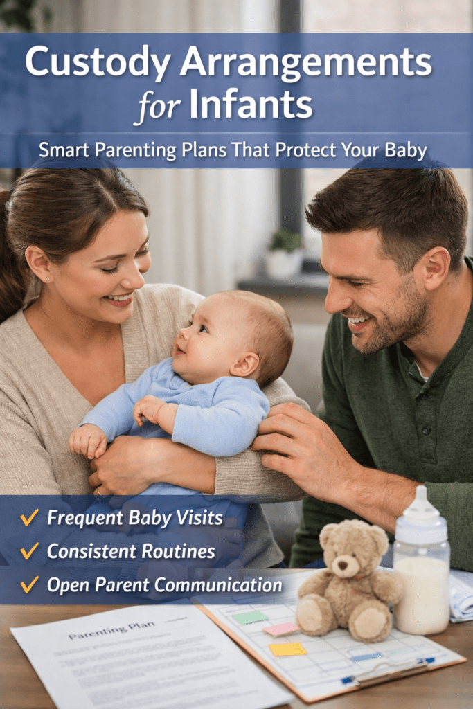 Parents creating custody arrangements for infants while holding their baby and reviewing a parenting plan.