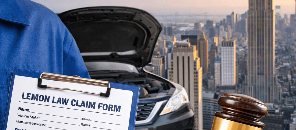 Mechanic holding lemon law claim form with defective car and judge gavel in New York city background.