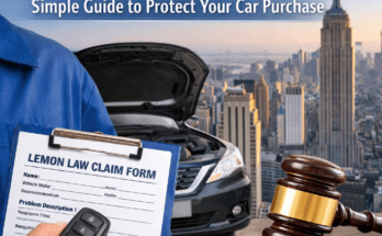Mechanic holding lemon law claim form with defective car and judge gavel in New York city background.