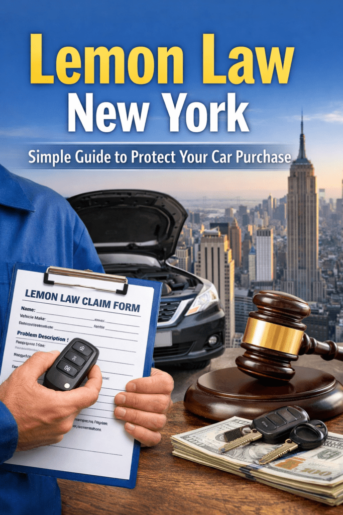 Mechanic holding lemon law claim form with defective car and judge gavel in New York city background.