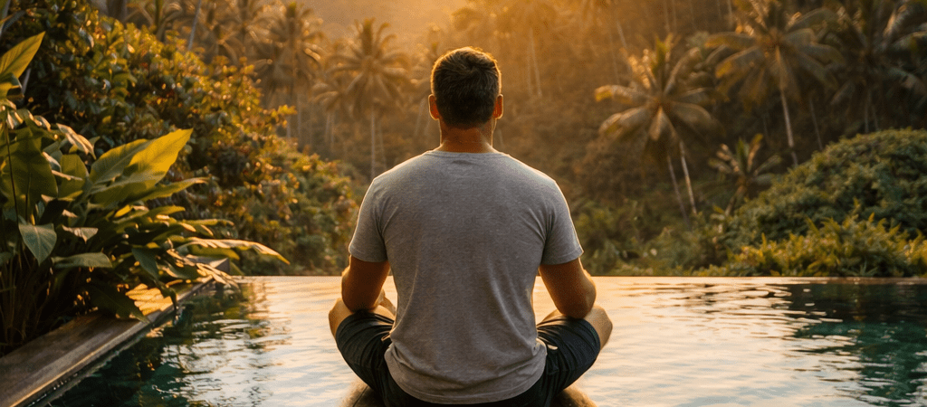 Man meditating by infinity pool at sunrise surrounded by tropical nature representing abundance mindset