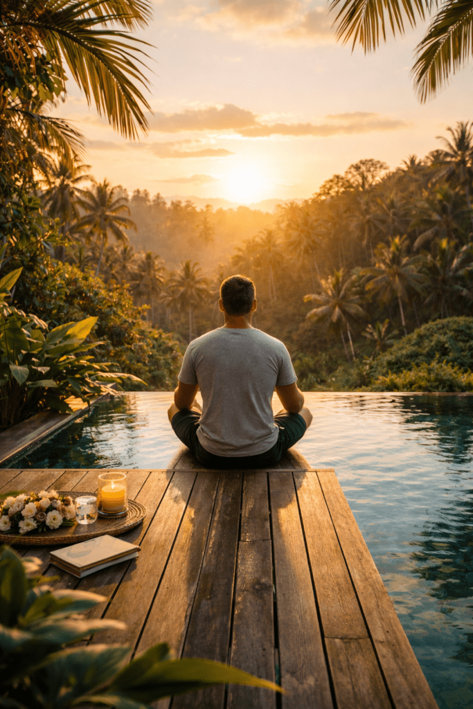 Man meditating by infinity pool at sunrise surrounded by tropical nature representing abundance mindset