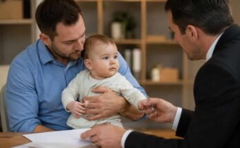 Father holding an infant during a child custody consultation