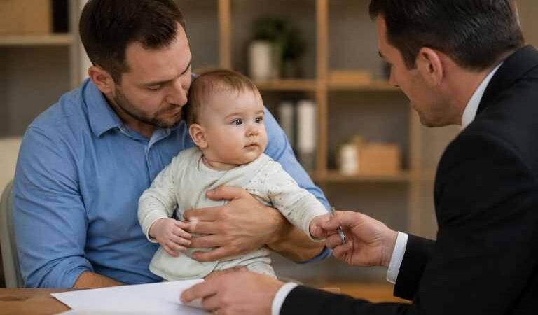 Father holding an infant during a child custody consultation
