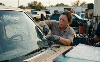 Driver inspecting a cracked windshield before replacement in Florida
