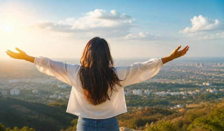 Person embracing an abundance mindset while overlooking a peaceful sunrise