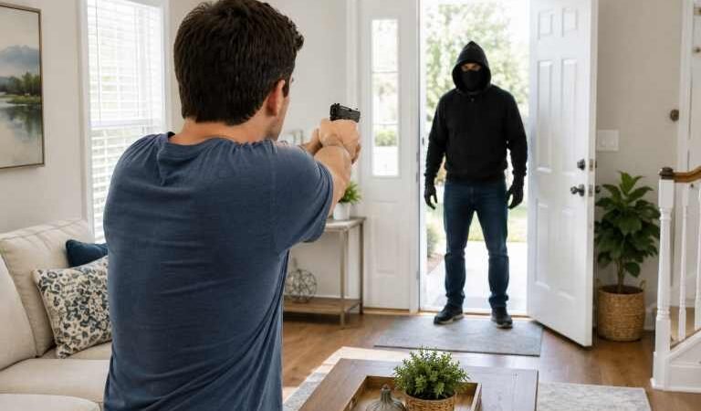 Homeowner confronting an intruder during a home invasion in Colorado