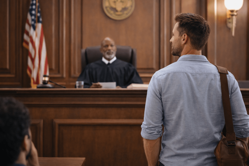 Man standing in courtroom facing judge during legal hearing