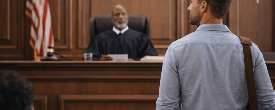 Man standing in courtroom facing judge during legal hearing