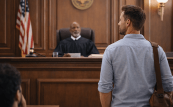 Man standing in courtroom facing judge during legal hearing