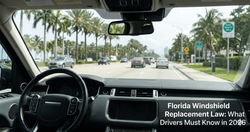 Interior car view of a Florida road with a clean windshield, focused on driver safety and law compliance.
