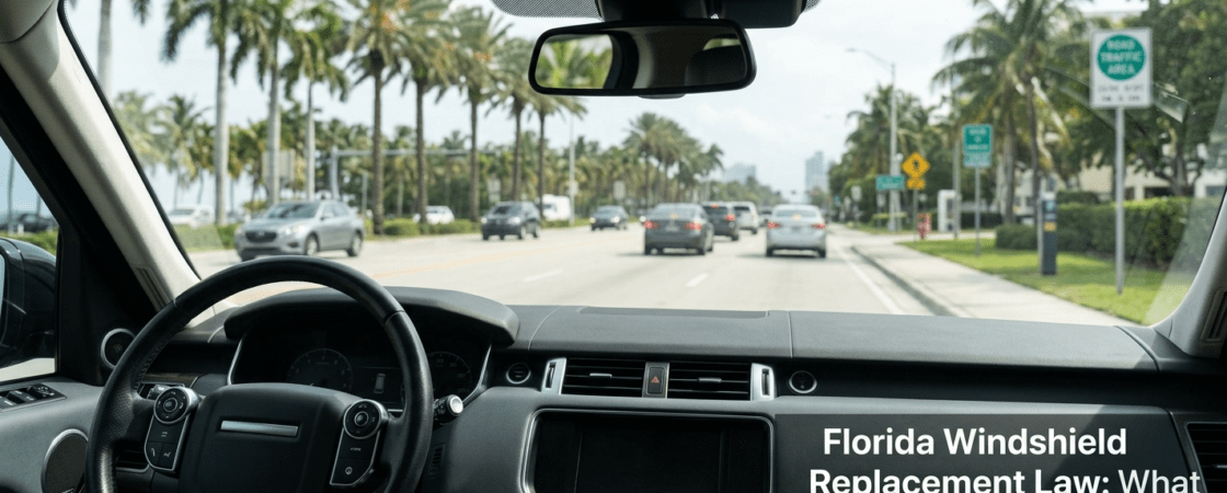 Interior car view of a Florida road with a clean windshield, focused on driver safety and law compliance.