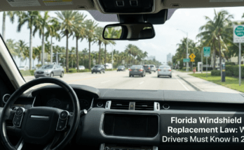 Interior car view of a Florida road with a clean windshield, focused on driver safety and law compliance.