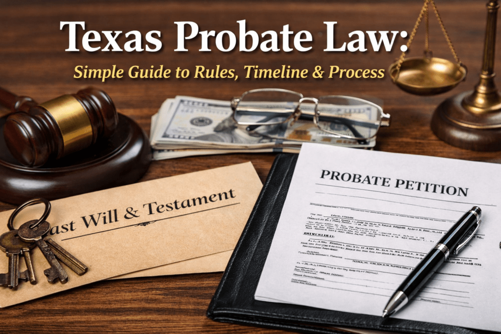 Texas probate law documents with will, gavel, and estate papers